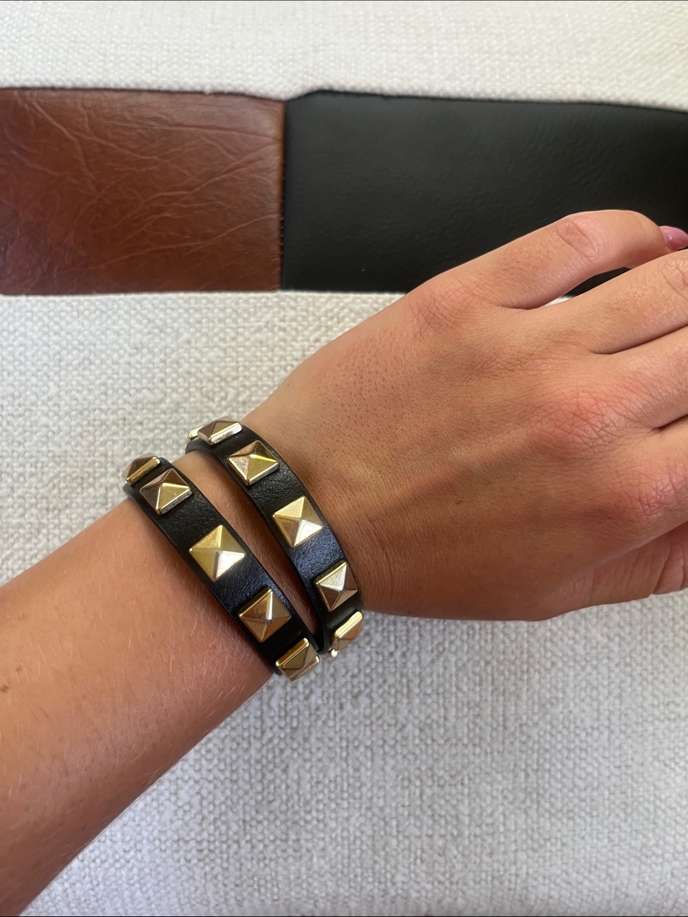 J. Crew Black Leather Double Wrap Bracelet with Gold Pyramid Studs